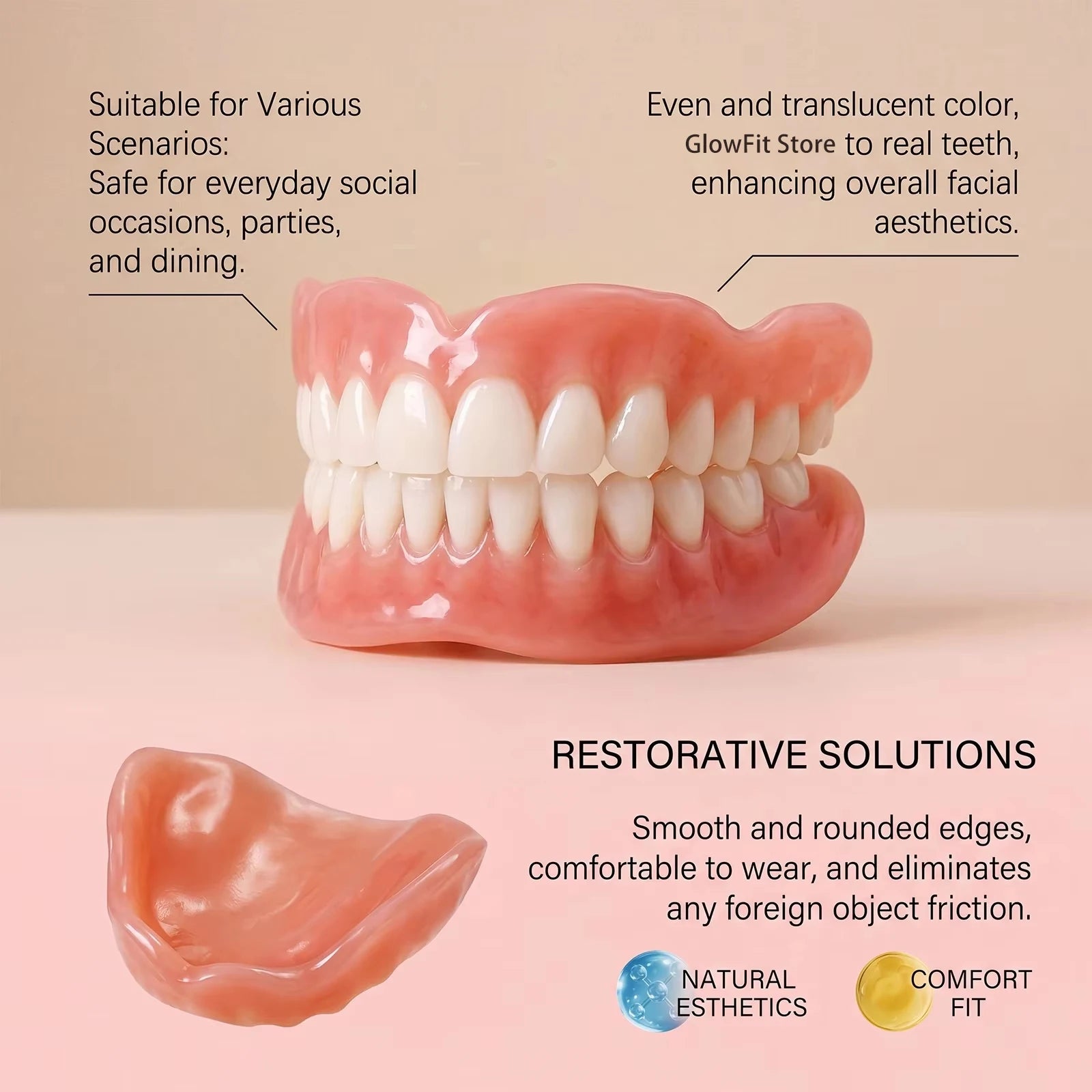 Natural-Looking Silicone Fake Teeth Set - Comfortable Upper & Lower Smile Veneers - 6