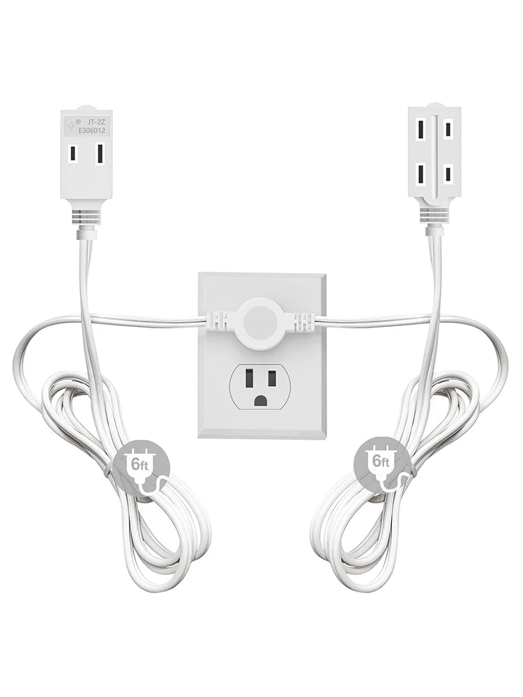 12ft Twin Extension Cord - Dual-Sided 6ft Power Splitter with Flat Plug - 1
