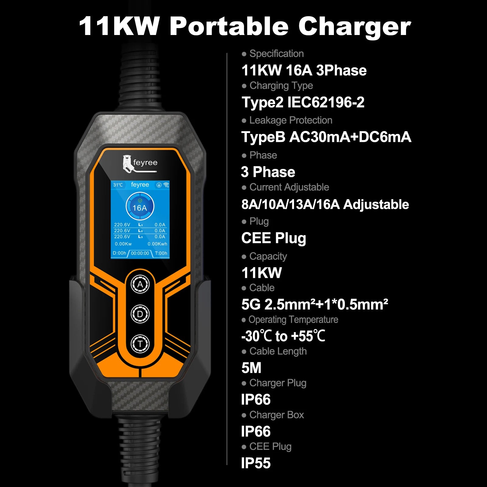 11KW Type 2 Portable EV Charger - 3 Phase Smart WiFi Charging Station - 8
