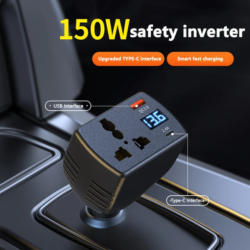 150W Car Power Inverter 12V/24V to 220V with Fast USB Charger & Voltage Monitor - 1