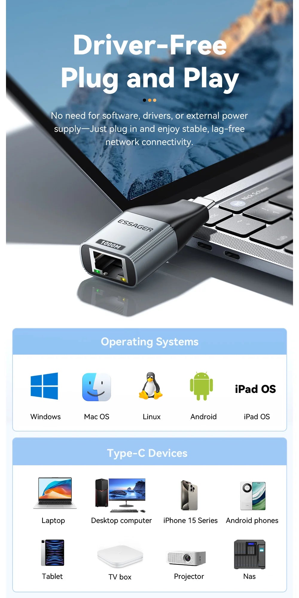 USB-C to Gigabit Ethernet Adapter - High-Speed RJ45 Wired Network Converter