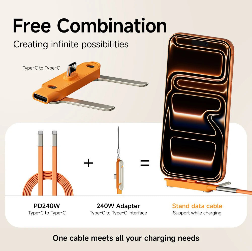 240W 2-in-1 USB-C Fast Charging Cable with Built-in Phone Stand - 12