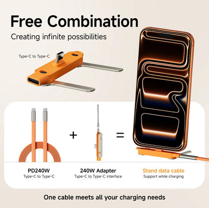 240W 2-in-1 USB-C Fast Charging Cable with Built-in Phone Stand