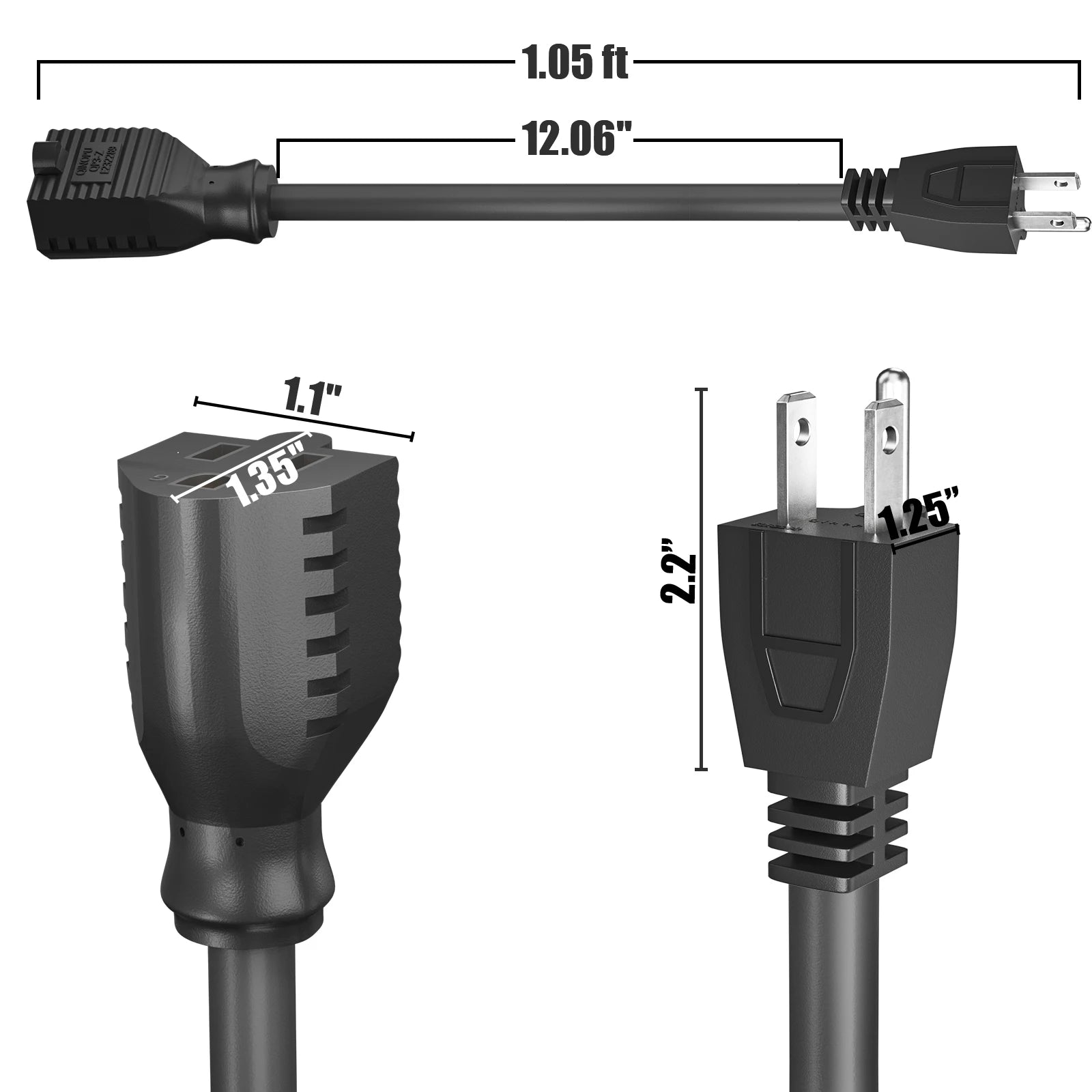 1ft Extension Cord - Low Profile Flat Plug 3-Prong Power Extension Cable - 8