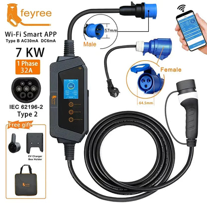 7kW Smart Portable EV Charger Type 2 - Wi-Fi App Control & Adjustable Amps