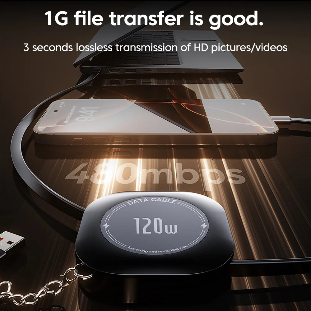 120W Retractable USB-C to USB-C Fast Charging Cable with Adapter - 4