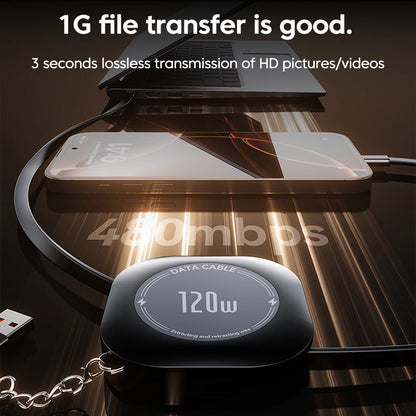 120W Retractable USB-C to USB-C Fast Charging Cable with Adapter