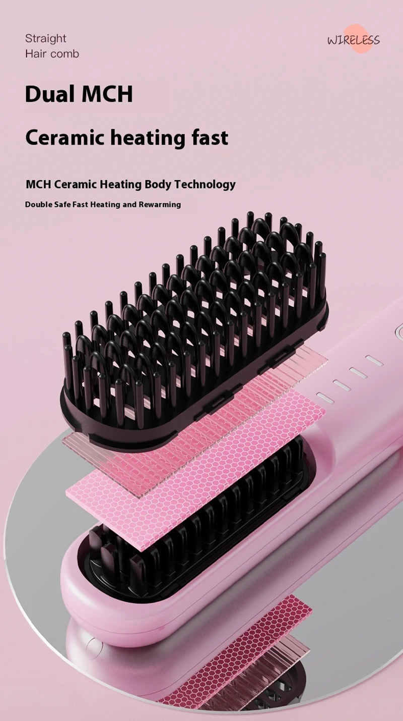 Fast Heating Cordless Hair Straightening Brush - Anti-Frizz Ionic Styling Comb - 16