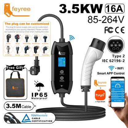 Portable Type 2 EV Charger - 3.5KW Smart App Controlled Fast Charging Cable