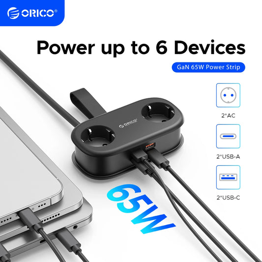 65W GaN 6-in-1 Fast Charging Power Strip - 2 AC Outlets, 2 USB-A, 2 USB-C