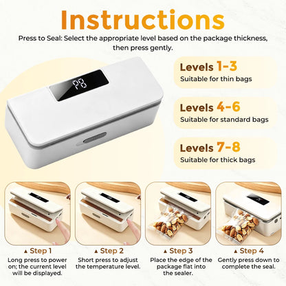 Portable Rechargeable Mini Bag Sealer with Built-in Cutter and 8 Heat Levels