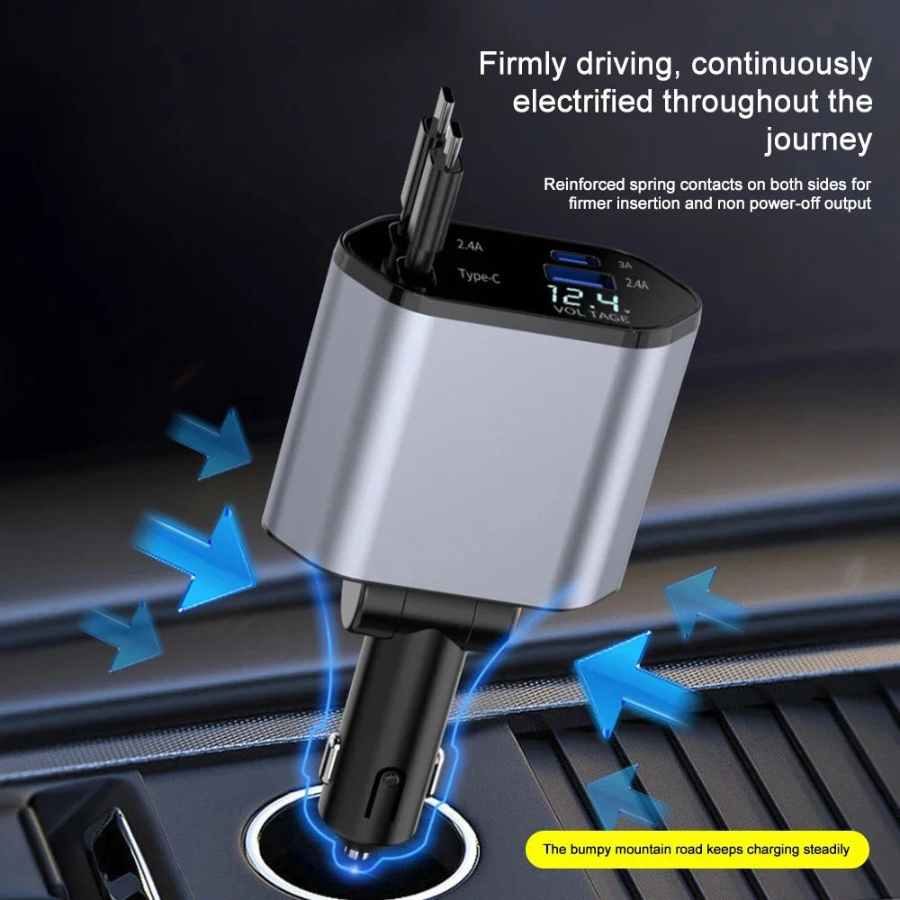 120W Retractable 4-in-1 Car Charger with Voltage Display & Fast Charging - 16