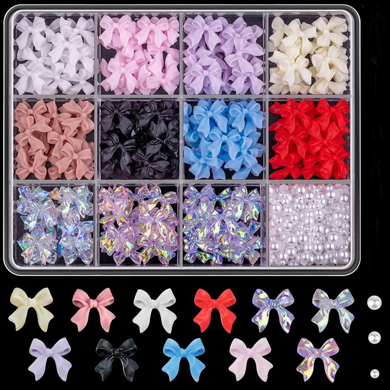 3D Mixed Nail Art Decoration Set - Acrylic Bows, Flowers & Pearl Charms