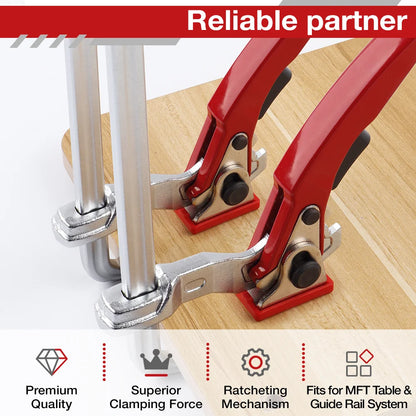 Quick Release Ratchet Guide Rail Clamp for MFT Tables and Track Saws