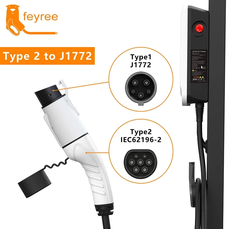 EV Charger Adapter Type 2 to Type 1 - 32A 7KW Fast Charging Connector - 1