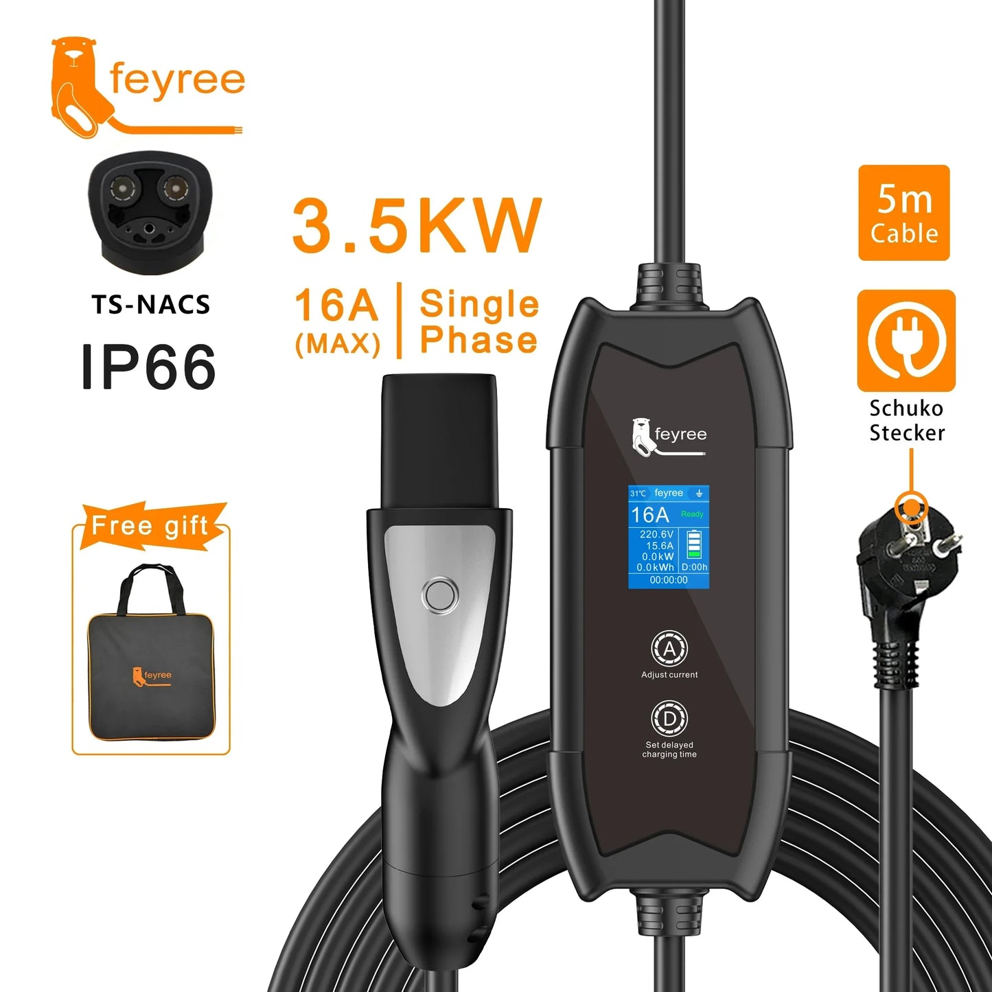 3.5KW Portable EV Charger - Adjustable Current Type 2 Charging Cable