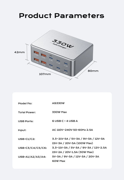 330W 10-Port GaN Fast Charging Station for Laptops, Phones & Tablets