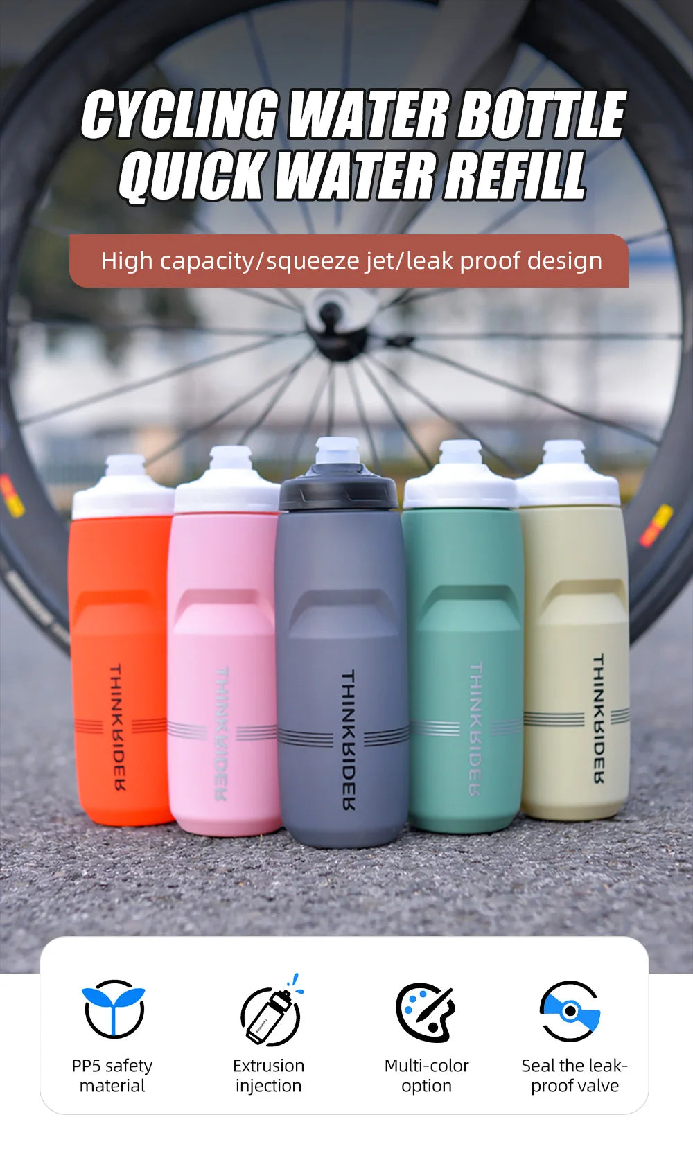 ThinkRider Sports Water Bottle - Leak-Proof Squeeze Bottle for Cycling & MTB