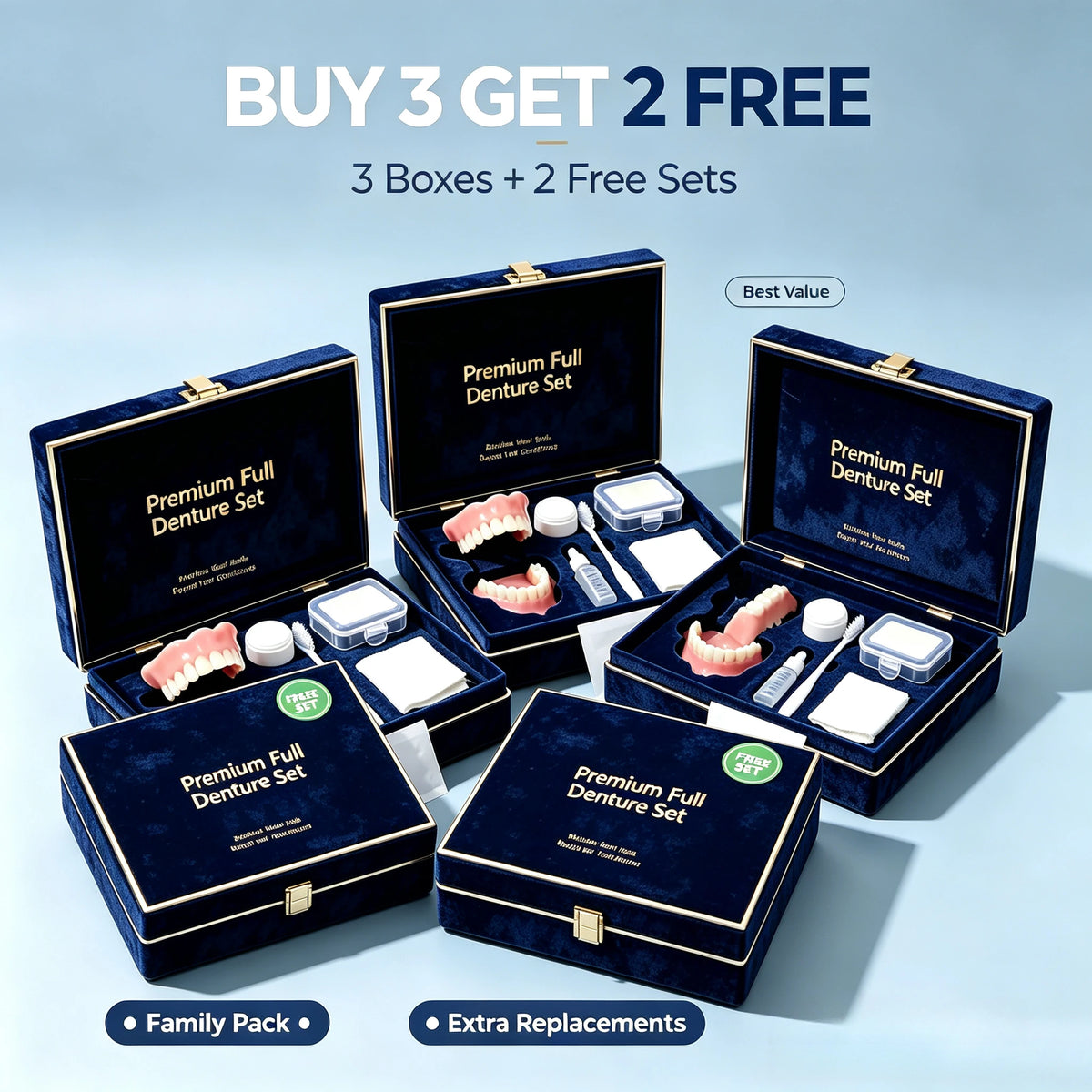 Full Mouth Denture Set with Premium Storage Case and Dental Cleaning Tools