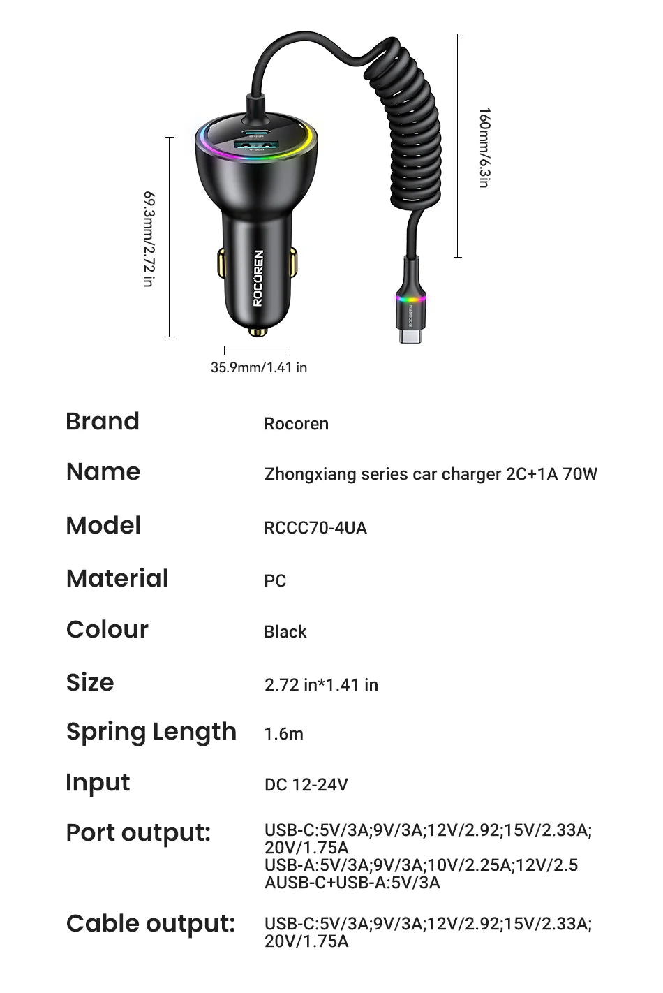 70W Fast USB-C Car Charger with 1.6m Retractable Spring Cable - 33