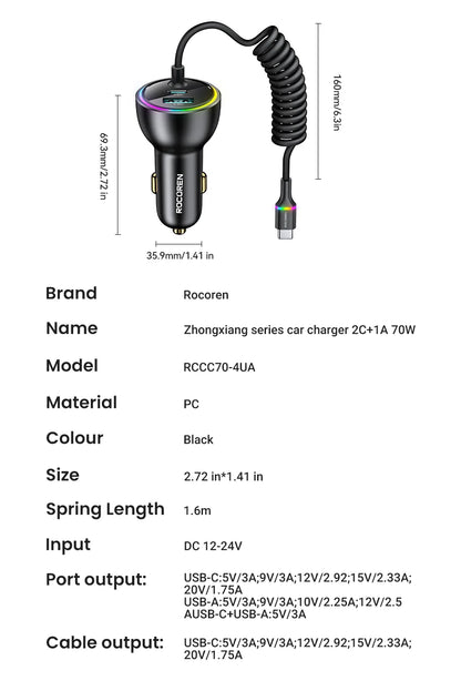 70W Fast USB-C Car Charger with 1.6m Retractable Spring Cable
