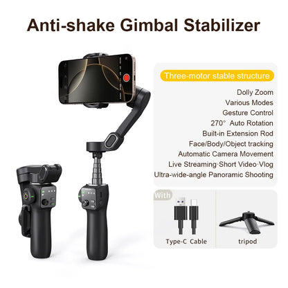 3-Axis Phone Gimbal Stabilizer with Tripod, Extension Rod & Face Tracking