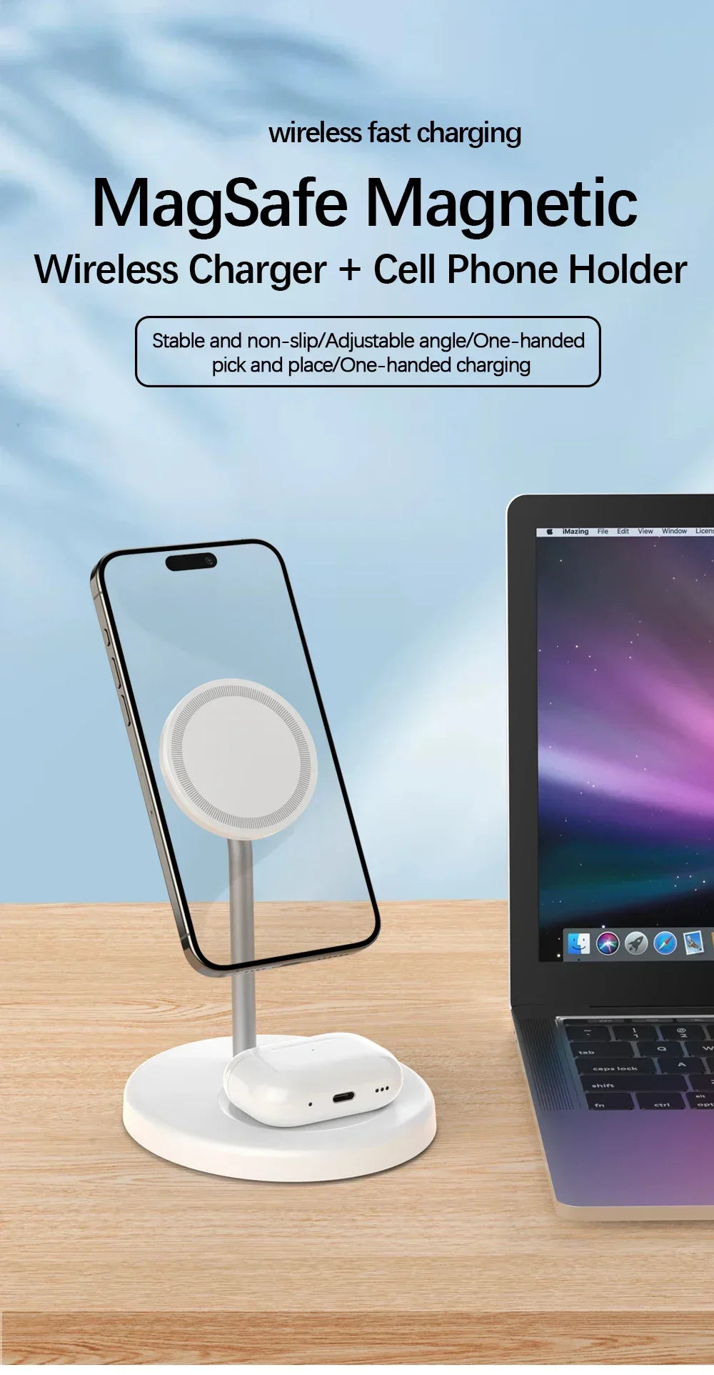 2-in-1 Magnetic Wireless Charging Stand for iPhone 16 15 14 13 12 & AirPods