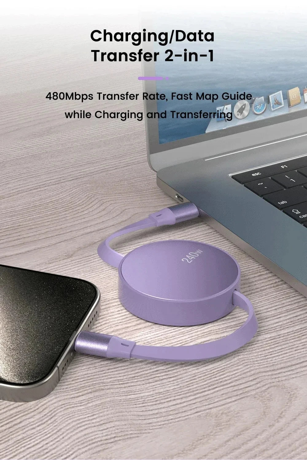 240W Retractable USB-C to USB-C Fast Charging & Data Cable