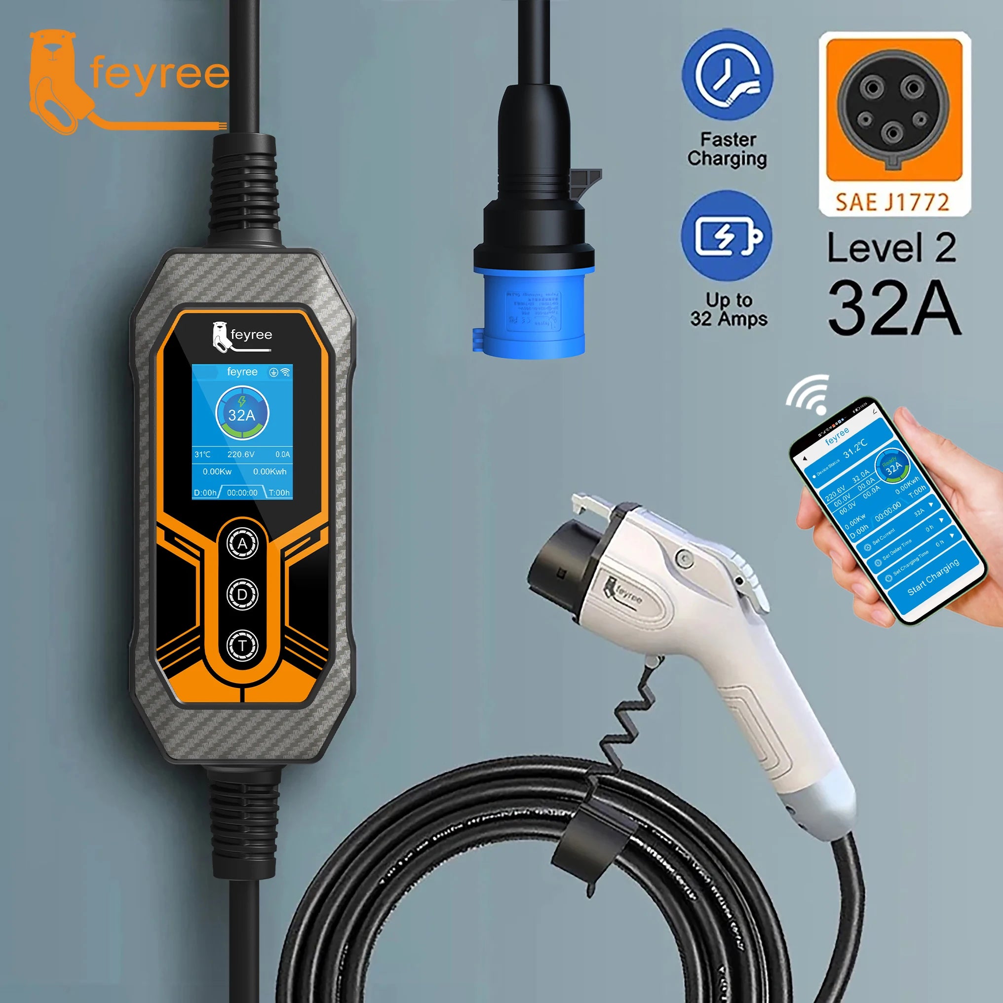 7KW Smart Portable EV Charger Type 1 - Adjustable 32A Level 2 Charging - 1