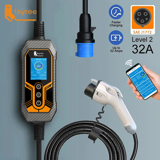 7KW Smart Portable EV Charger Type 1 - Adjustable 32A Level 2 Charging