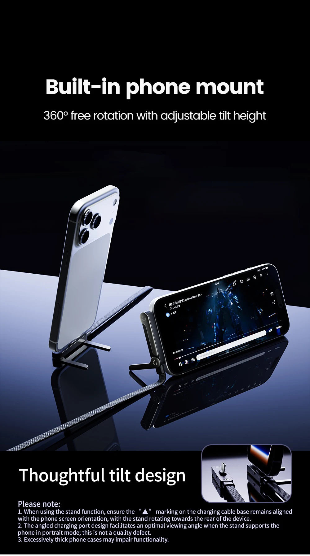 65W 2-in-1 Fast Charging Data Cable & Foldable Phone Desk Holder Stand - 14