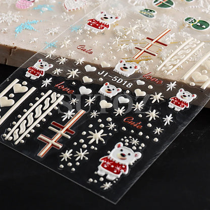 5D Embossed Christmas Nail Art Stickers - Winter Holiday Snowflake & Santa Decals