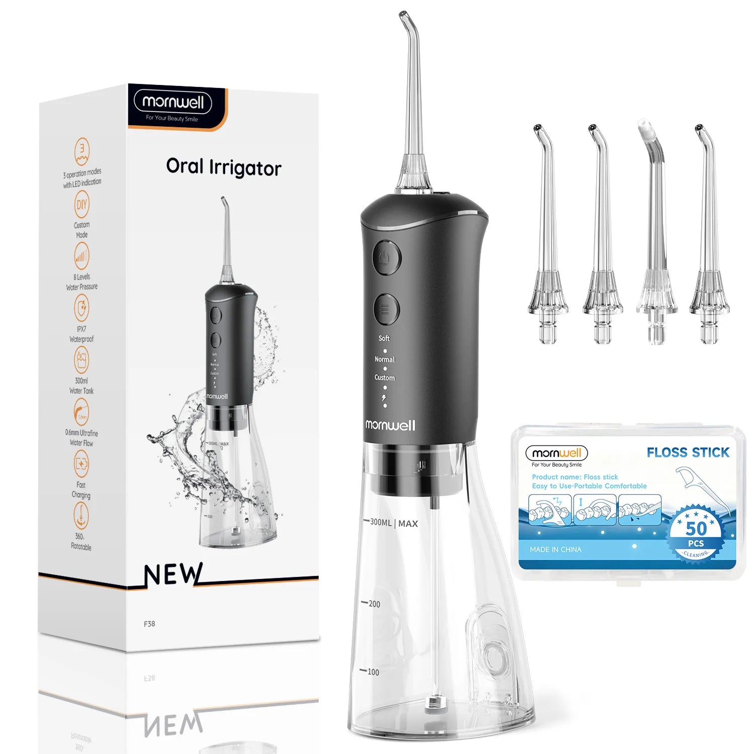 Portable Rechargeable Oral Irrigator - 300ml Water Flosser with 3 Cleaning Modes - 16