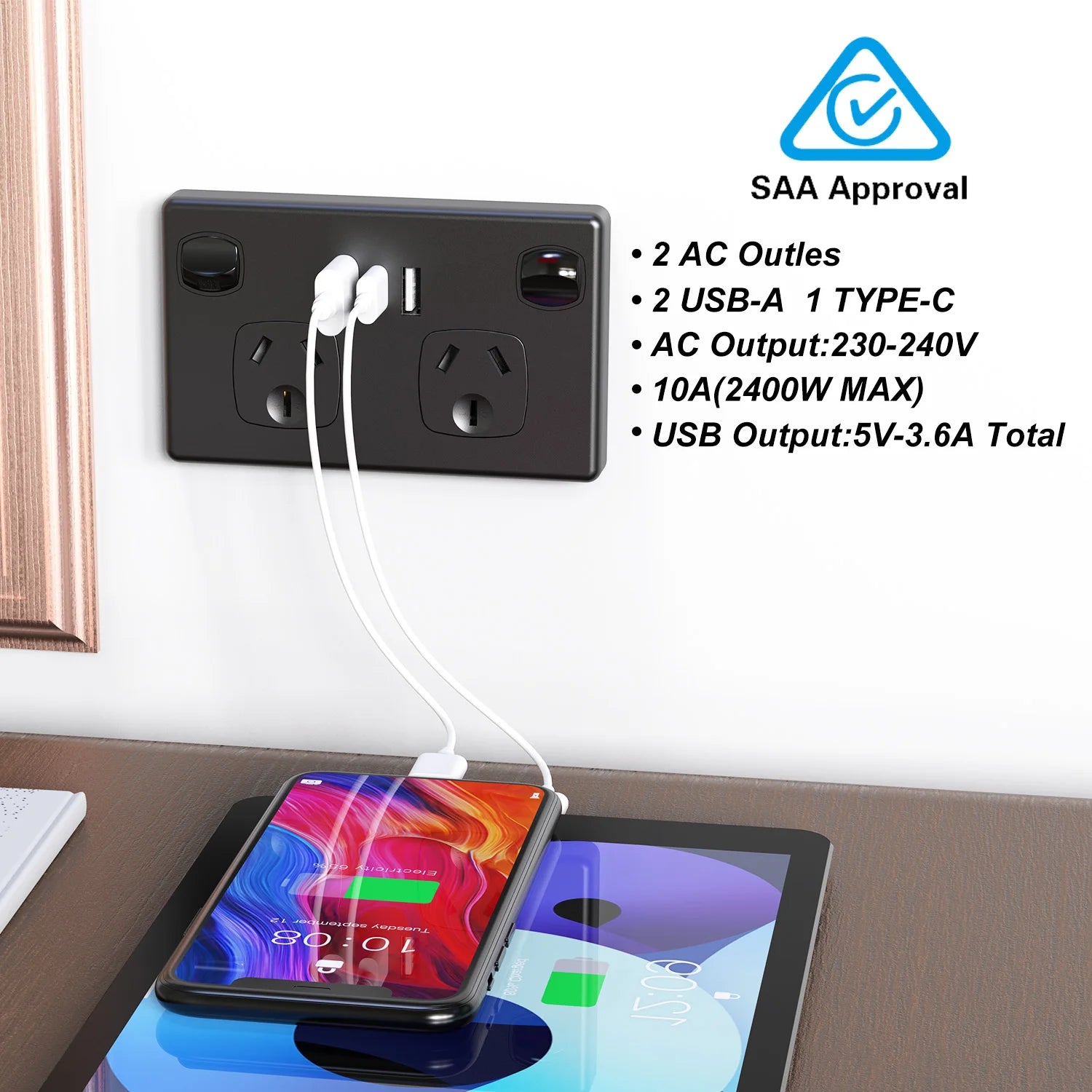 Australian Standard Dual Wall Socket with USB Ports & 2-Gang Switch - 7