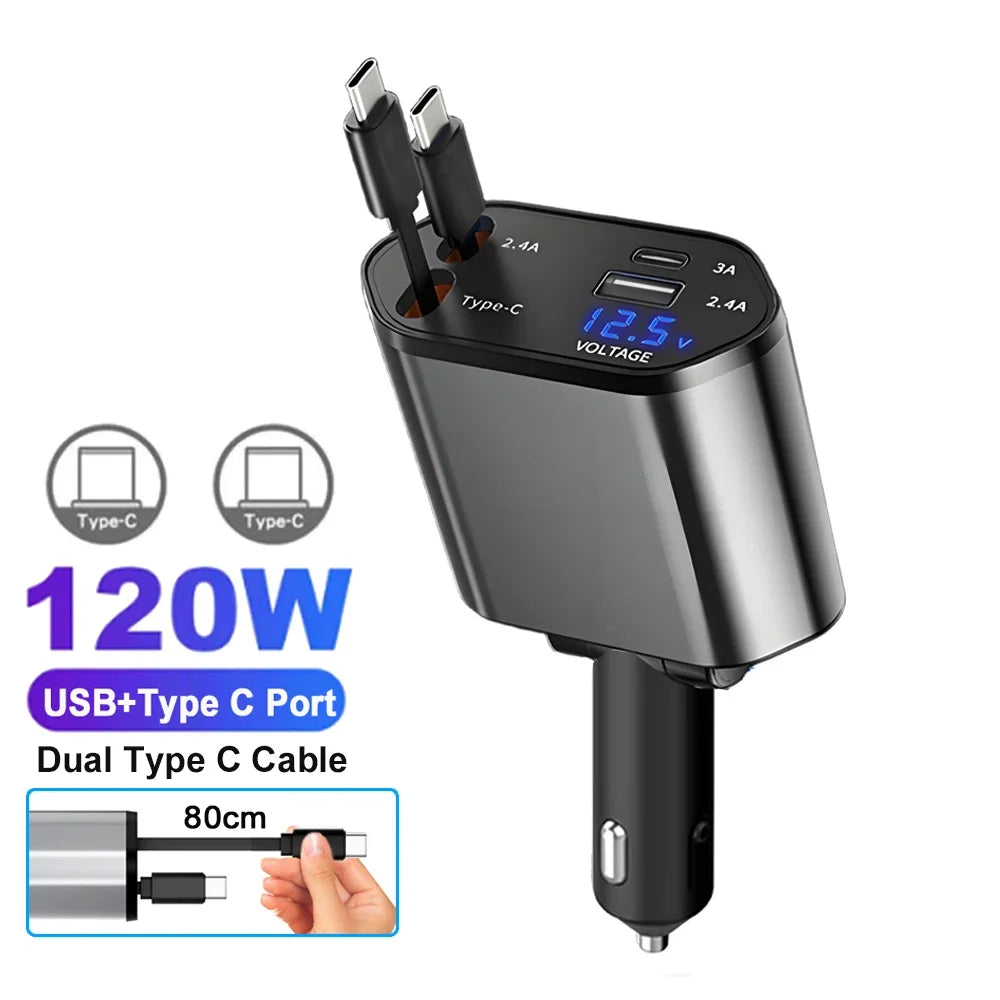 120W Retractable Fast Car Charger with 4-in-1 Charging Ports