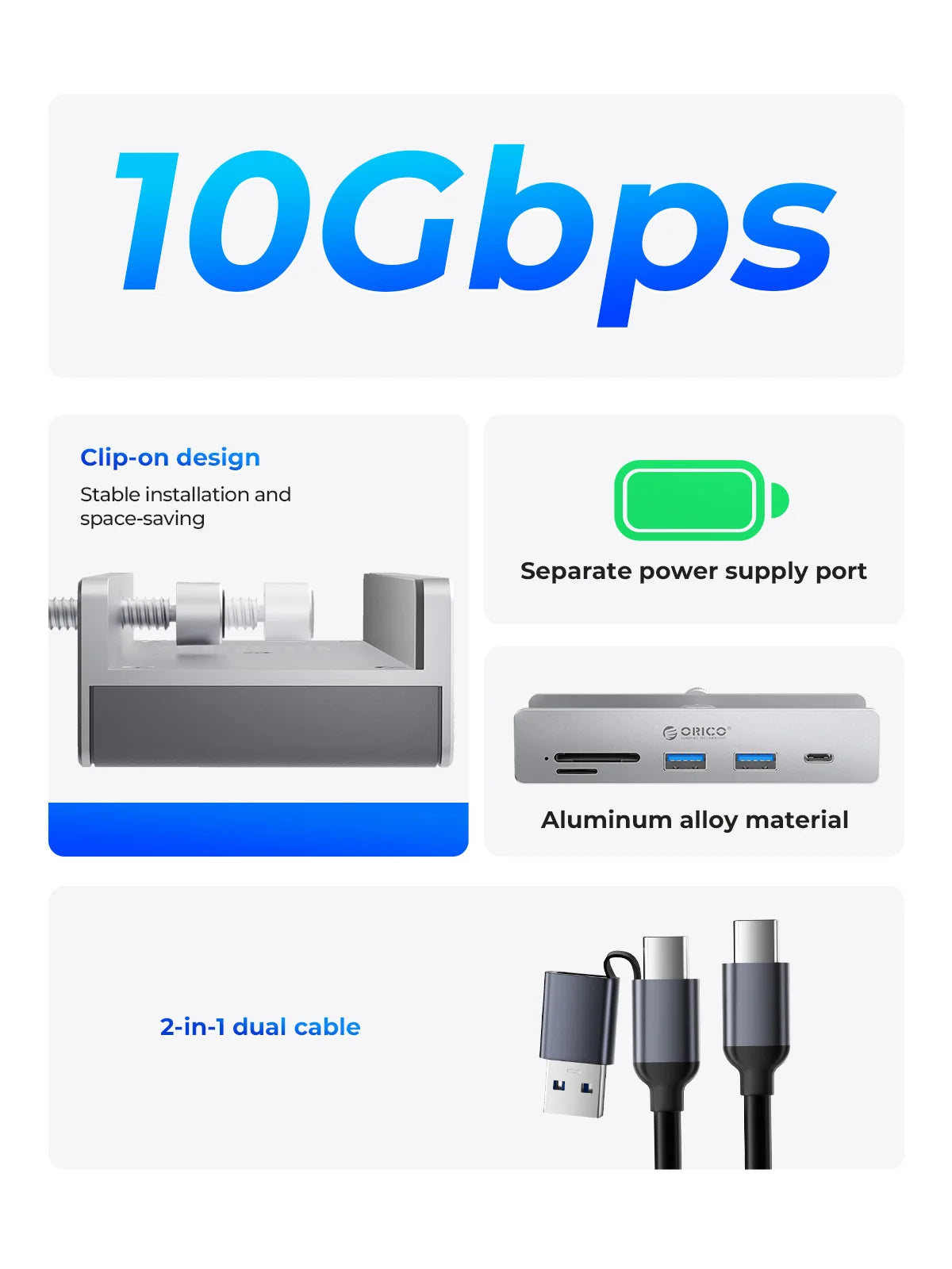 ORICO 6-in-1 USB 3.2 Hub 10Gbps High-Speed Data Transfer & SD/TF Reader