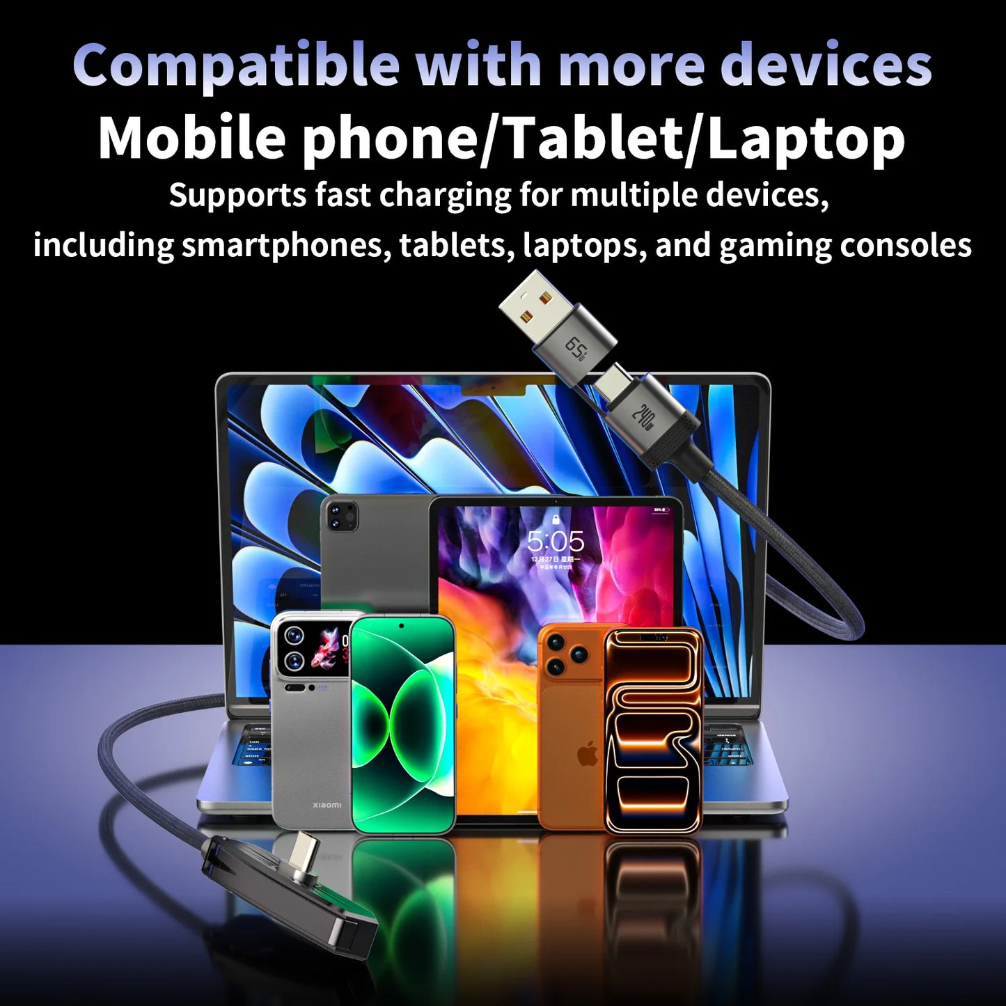 2-in-1 USB to Type-C 240W Fast Charging Cable with Foldable Phone Stand