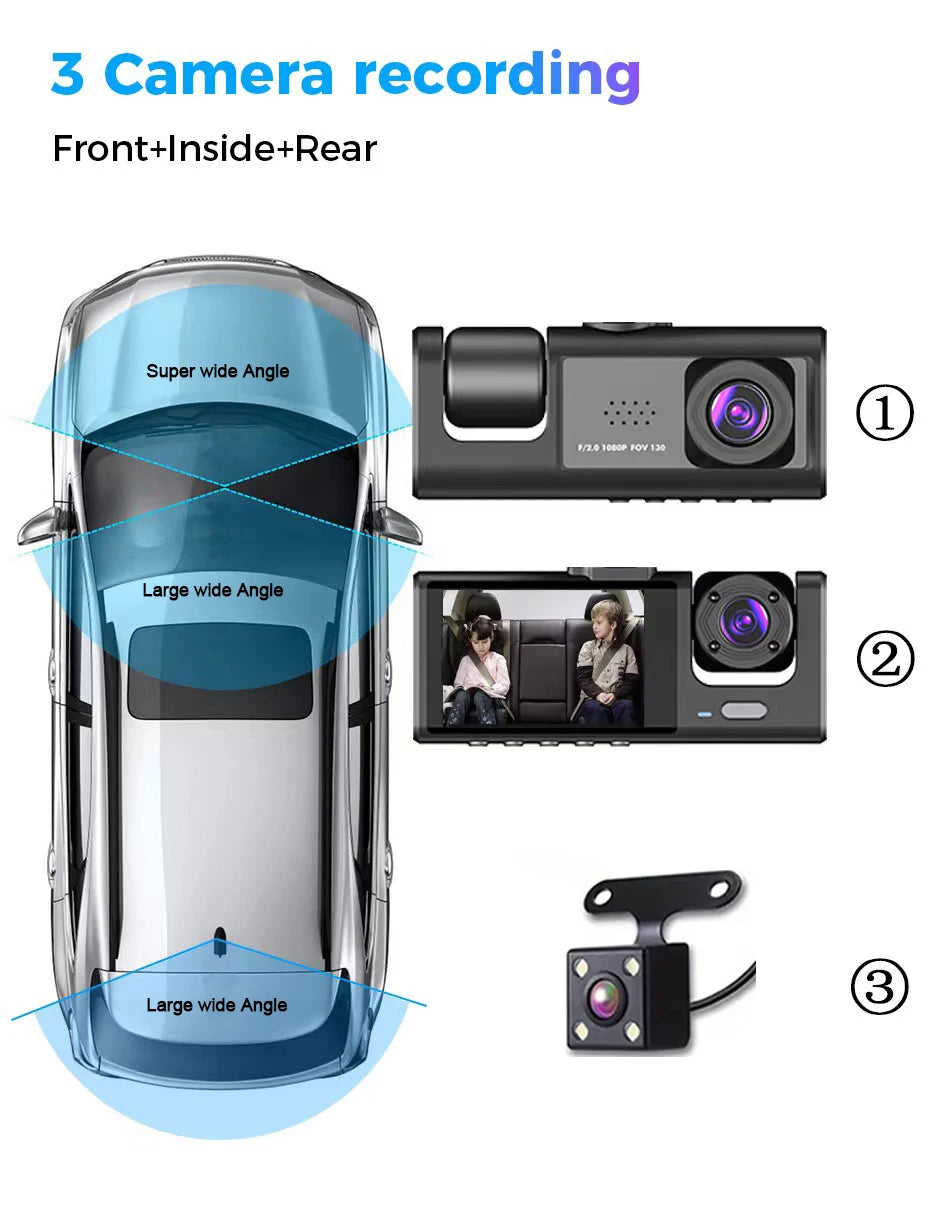 3-Lens 1080P Dash Cam with IR Night Vision, Loop Recording & G-Sensor - 15