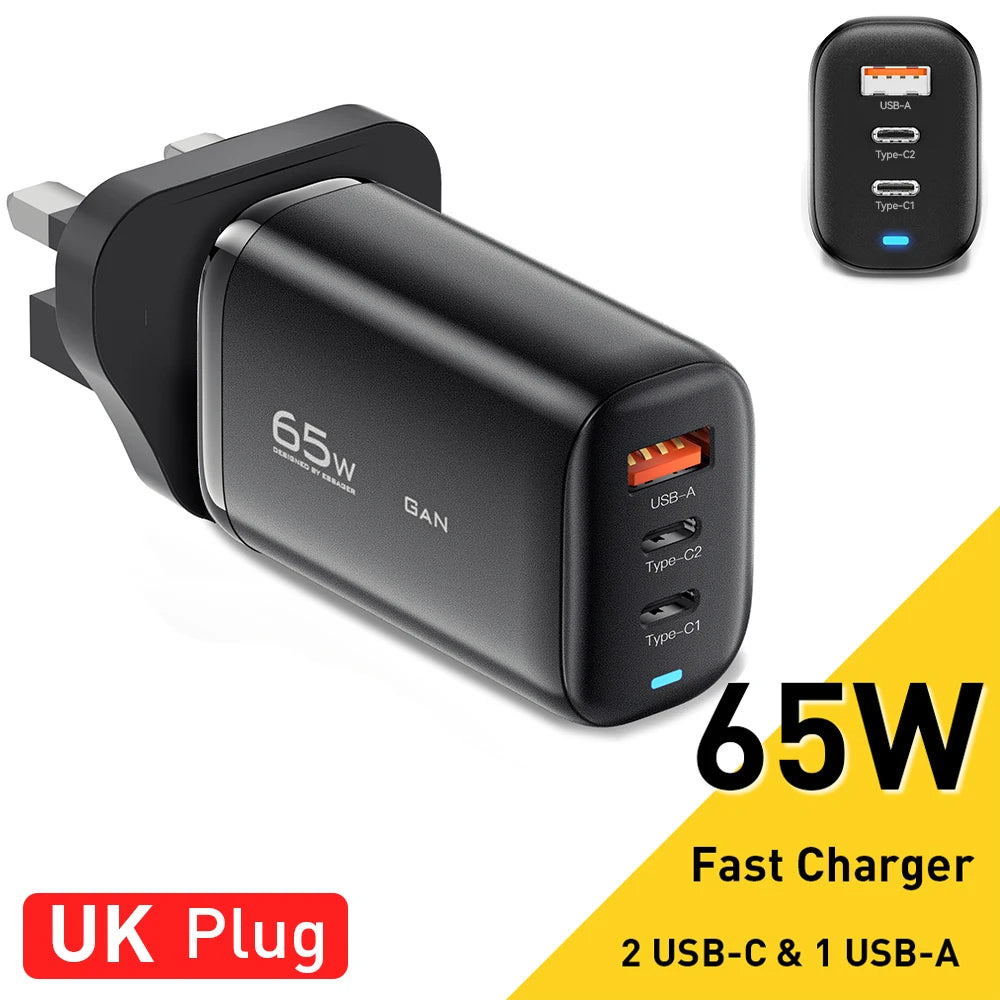 65W GaN Fast Charger - Triple Port USB-C Wall Charger for Laptop & Phone