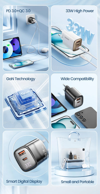 33W GaN Digital Display Fast Charger - USB-C & USB-A Dual Port Power Adapter