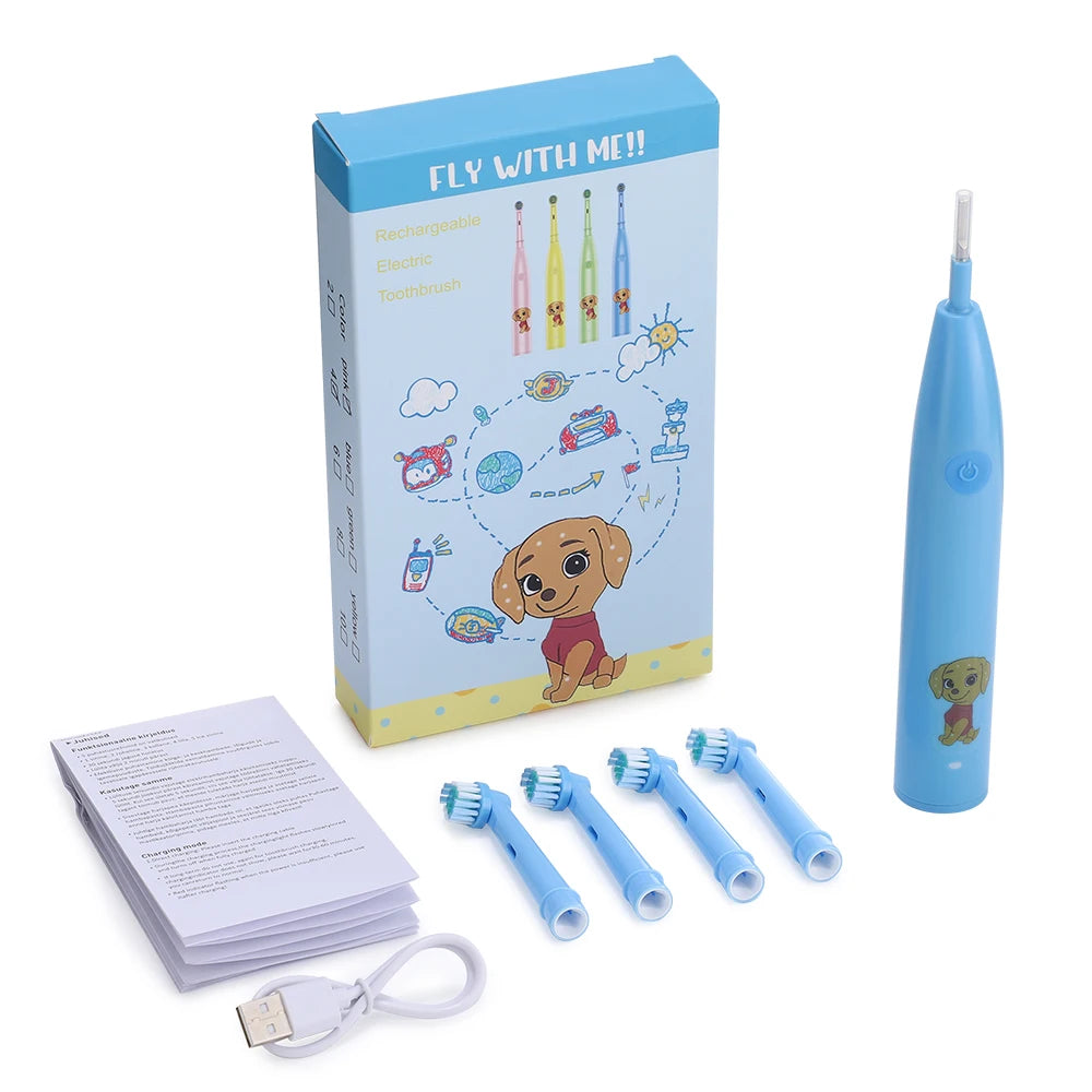 Kids Rechargeable Electric Toothbrush with 4 Replacement Heads & Timer