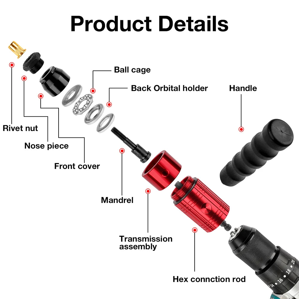 Electric Rivet Nut Gun Adapter for Drill - M3 M4 M5 M6 M8 Riveting Tool Kit - 2