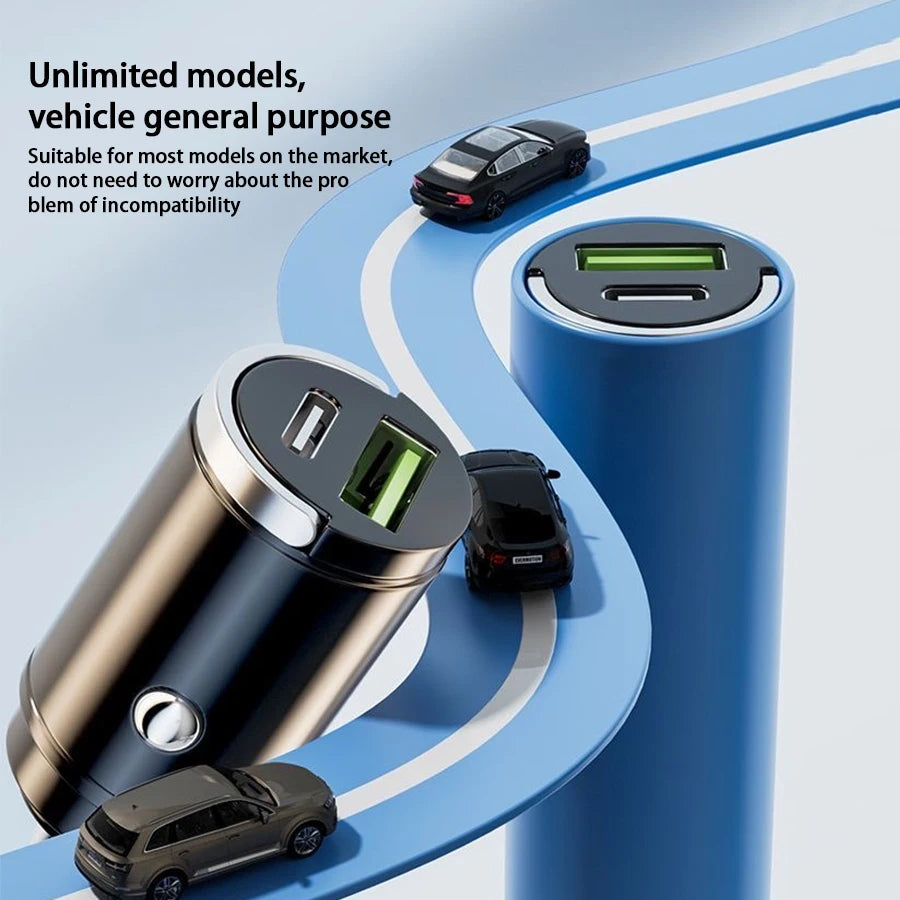 Hidden Mini Fast Car Charger - Dual USB & Type-C Adapter for All Phones - 12