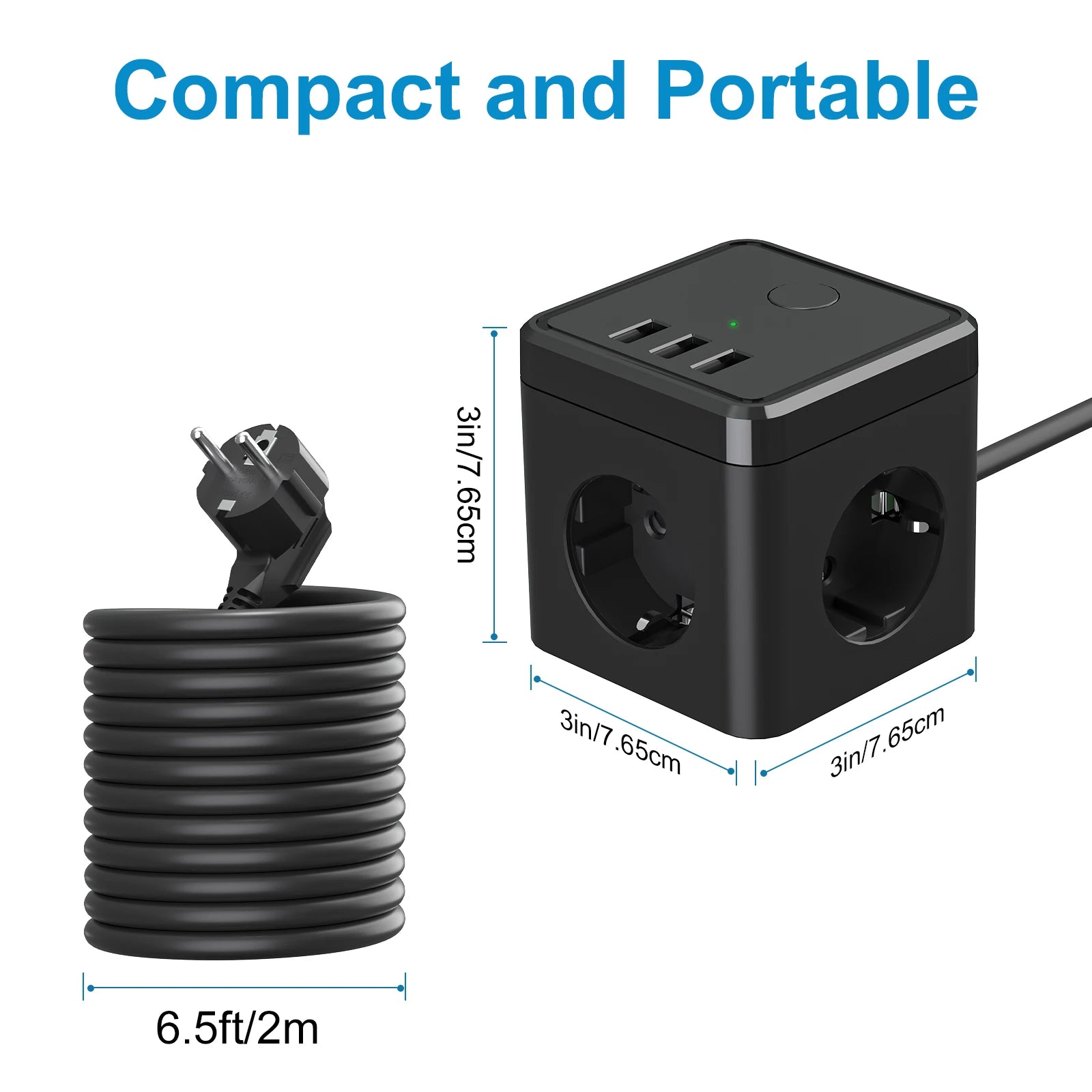 6-in-1 Cube Power Strip with 3 USB Ports & 2m Extension Cord - EU Plug - 7