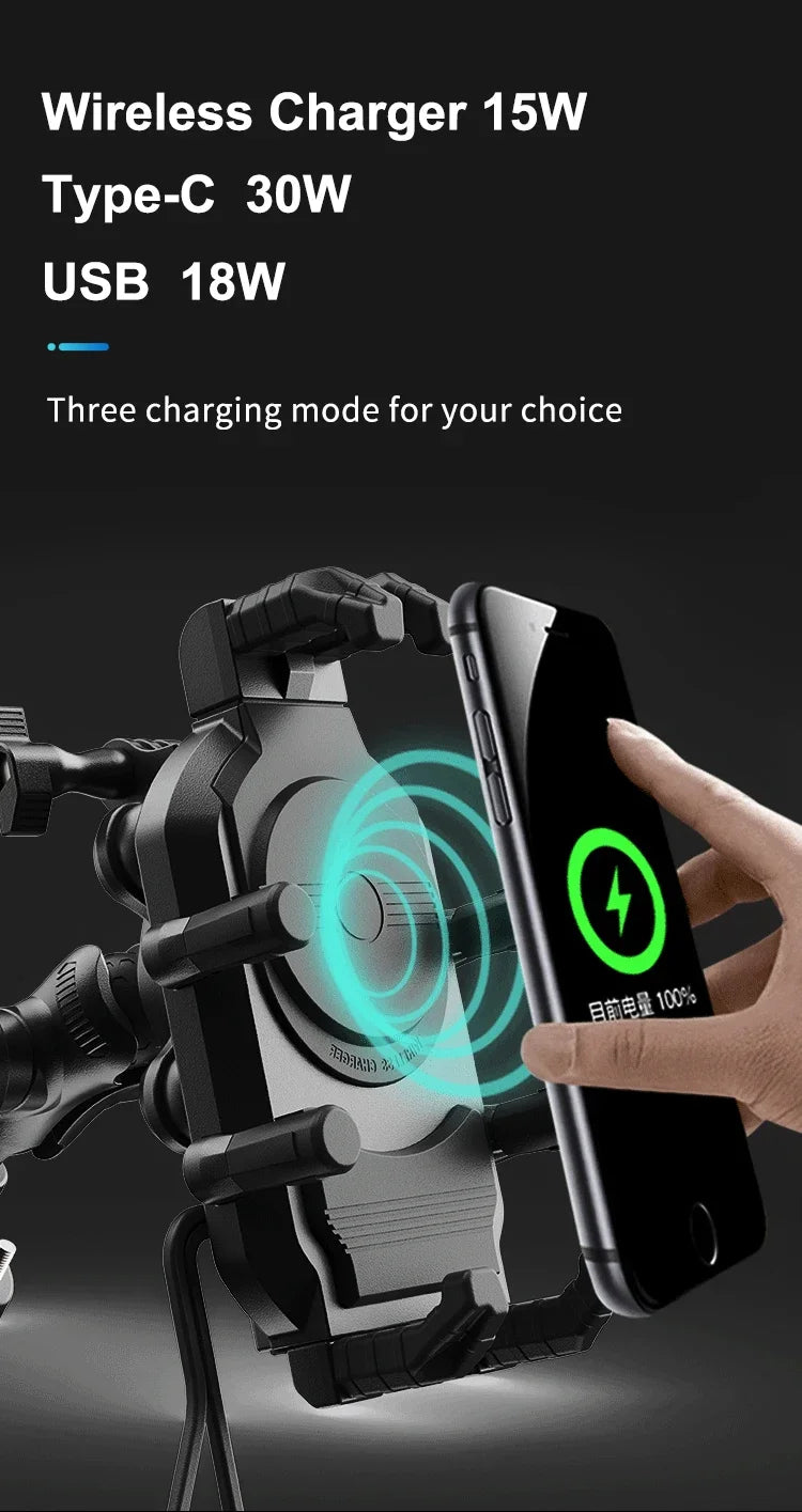 Motorcycle Phone Mount with 15W Wireless & 30W USB-C Fast Charger