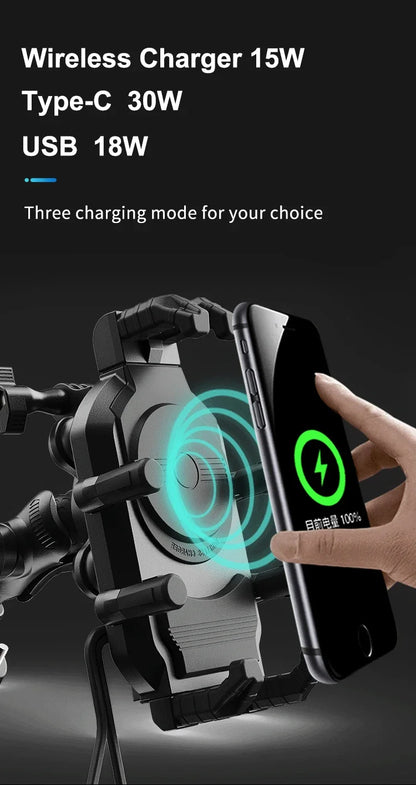 Motorcycle Phone Mount with 15W Wireless & 30W USB-C Fast Charger