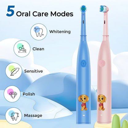 Kids Rechargeable Electric Toothbrush with 4 Replacement Heads & Timer