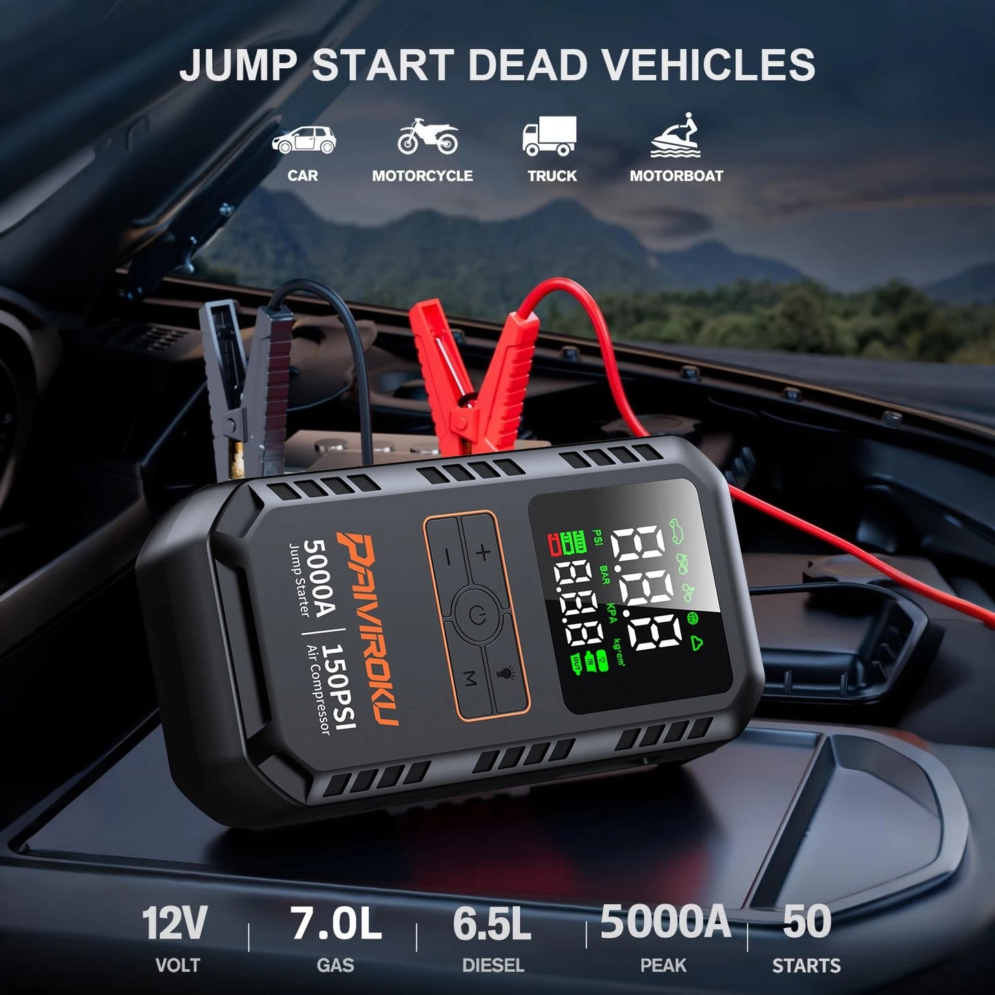 4-in-1 Portable Car Jump Starter with Tire Inflator & 150PSI Air Compressor