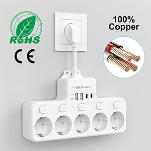 9-in-1 EU Power Strip: 5 AC Outlets & 4 USB Fast Charging Ports