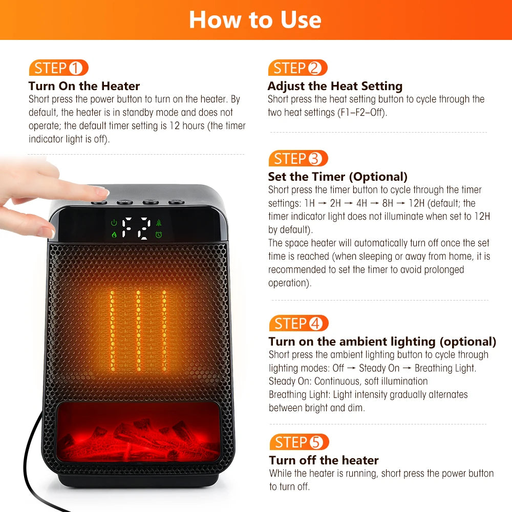 Portable PTC Ceramic Electric Space Heater with LED Display and Timer - 17